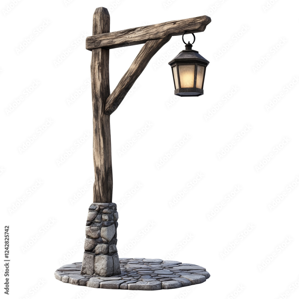 Poster A 3D rendered image of a rustic wooden lamp post with a stone base and a hanging lantern.