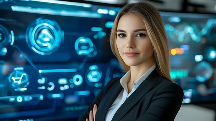 confident businesswoman tech interface - futuristic technology
