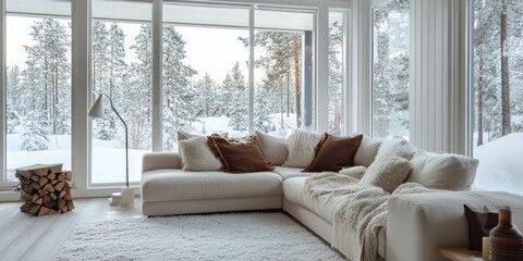 Cozy Living Room with Snowy Winter Landscape View