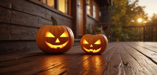 Obraz premium Warm autumnal light falls on a glowing jack-o'-lantern on a wooden deck, evening light, outdoor decor