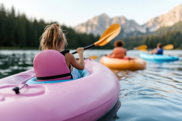 Kids are kayaking and paddleboarding on a calm, clear lake, using vibrant equipment. Lush forests and majestic mountains fade softly in the background, creating a perfect outdoor adventure
