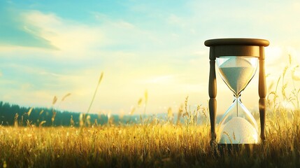 Hourglass measuring time passing in a field at sunset
