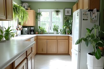 Lush Green Kitchen Decor Abundant Plants Natural Light Bright Space