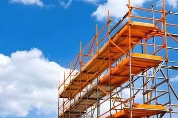 Bright Orange Scaffolding Against a Blue Sky with Fluffy Clouds Construction Site