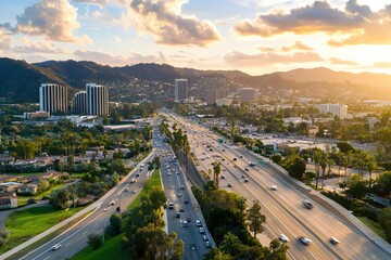 Golden Sunset Cityscape Highway Traffic Scenic View