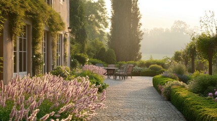 Obraz premium A peaceful French garden with blooming flowers, trellises, and cobblestone paths near a rustic villa.
