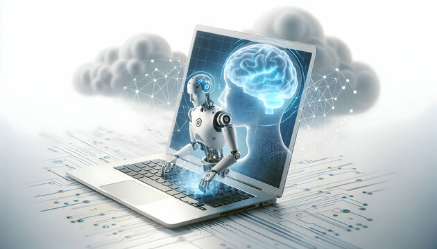 AI Robot icon A futuristic scene of artificial intelligence (AI) with a humanoid robot emerging from a laptop scre1