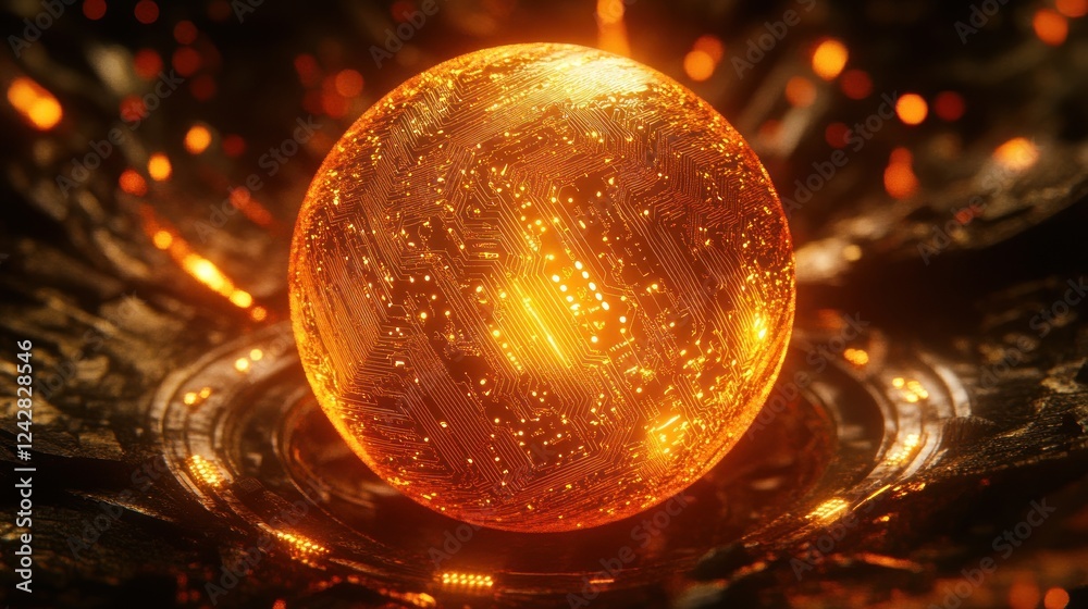 Poster Glowing Circuit Sphere in Dark Metallic Setting