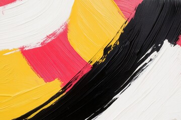 Dynamic brushstroke patterns in red, yellow, and black overlap to form a striking design, with an open central area allowing for clear sale messaging to stand out prominently