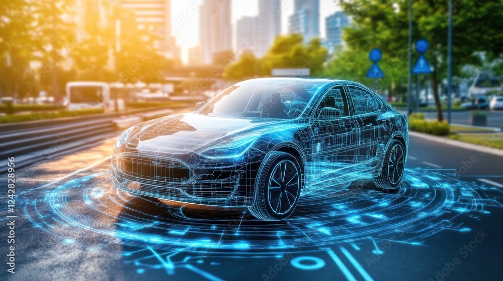 Poster autonomous vehicle digital model city setting