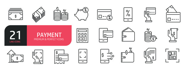 Set of line icons related to money, paying, finance, credit card, calculator. Outline icons collection. Editable stroke. Vector illustration.