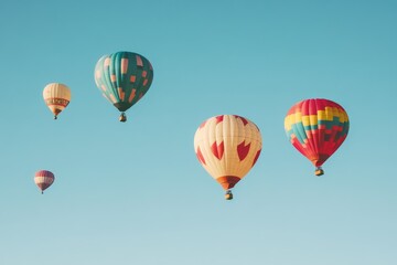 Fototapeta premium Multiple colorful hot air balloons floating in a clear blue sky during a daytime festival