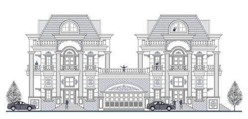 Fototapeta premium Facade of 3 storeys symmetrical modern classic house with 5 doors, 5 windows, 8 columns, balustrade, garage, frames, decoration, stairs, crowns, canopy, trapezoidal roof and its elements design.