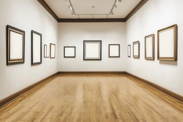 Obraz premium Contemporary gallery space with white walls, wooden floor, and empty picture frames