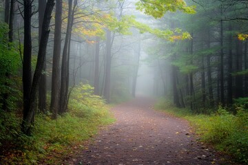 Obraz premium A winding dirt path through a misty forest with vibrant autumn foliage and towering trees