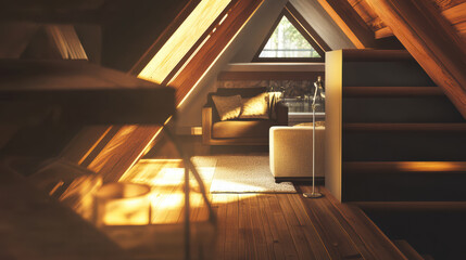 Obraz premium Cozy attic space with warm lighting, wooden beams, and comfortable chair, creating serene atmosphere perfect for relaxation and reading
