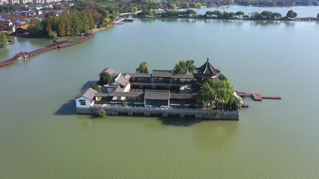 Aerial photography of the natural landscape of Shihu Lake in Suzhou,
