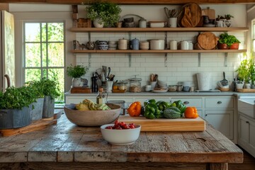 Bright country kitchen with wooden countertop, open shelving, and colorful fresh vegetables