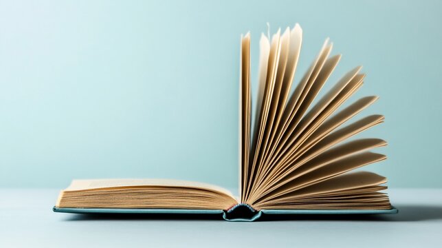 Open book with pages fanned out on blue background.