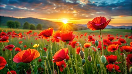 Naklejka premium Vibrant red poppy flowers blooming in a lush green meadow at sunset, poppy flowers, meadow, sunset
