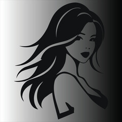 a close up of a woman with long hair and a black dress black and white vector art