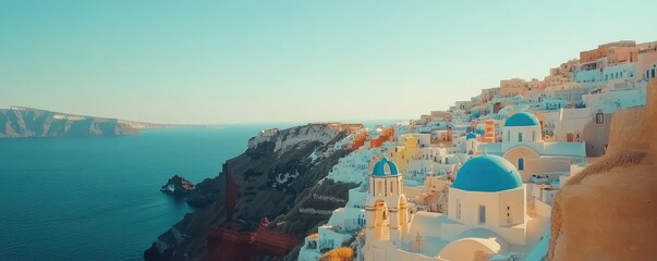 Naklejka premium Santorini buildings with blue domes overlooking the sea