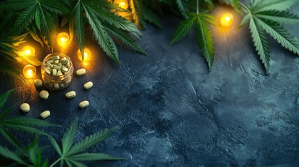 Cannabis Leaves Pills and Lights on Dark Surface