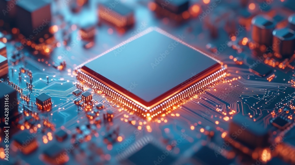 Poster close-up view of a central processor unit on a circuit board, with illuminated connections. tech use