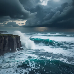 Fototapeta premium Experience the raw power and untamed energy of the ocean during a storm in this dramatic, high-resolution image. Massive waves crash violently against the rocky cliffs.