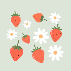 Strawberry with green leaves icon set and white flower on green background vector.