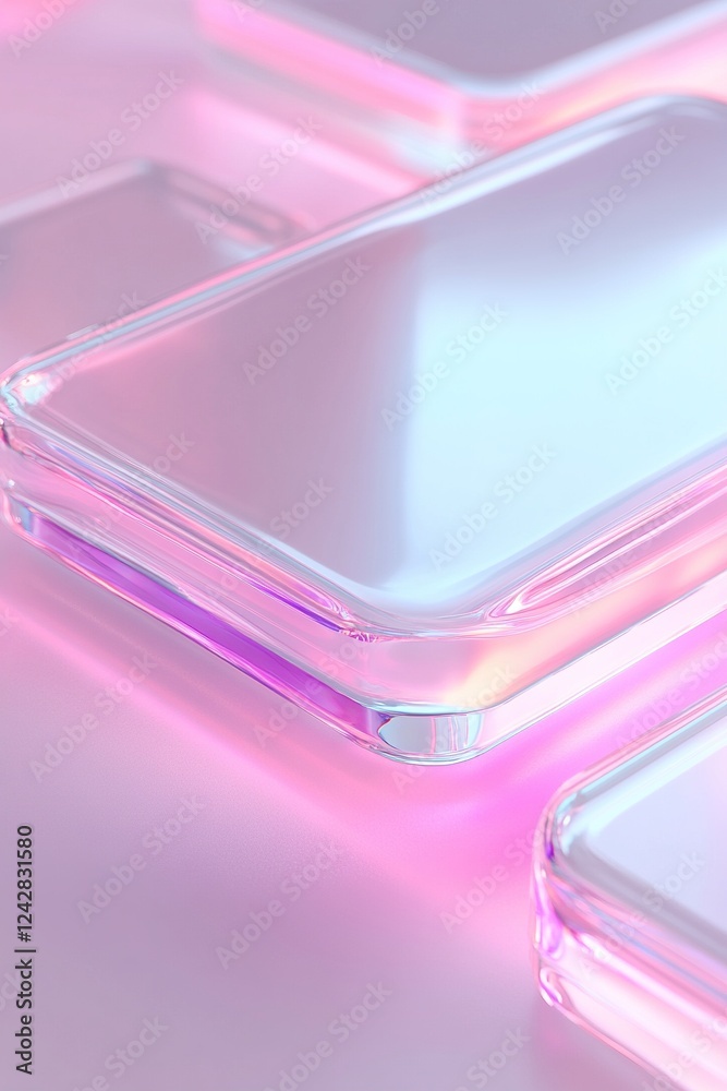 Poster sharp-edged metallic shapes glow softly with pink neon light, creating elegant layers and a clean sp