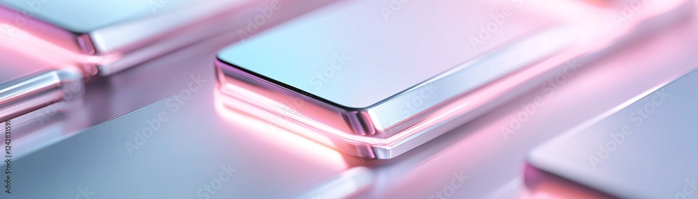 Poster layered metallic shapes with sharp edges glow softly from underneath with pink neon light, providing