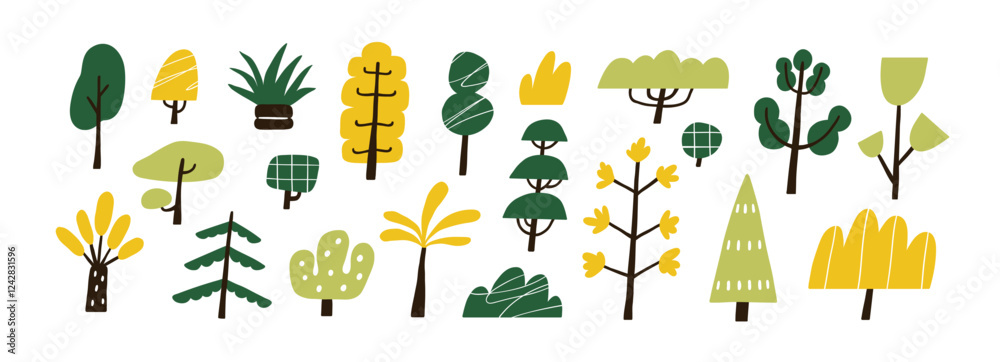 Poster Trees set in Scandinavian kids style. Abstract botanical design elements with leaves, branches and trunks. Doodle naive forest plants. Scandi flat vector illustration isolated on white background