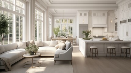 Bright and airy white kitchen seamlessly flowing into an elegant living room in a big house