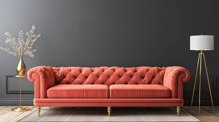 Obraz premium Modern Scandinavian Living Room showcasing Bright Coral Velvet Sofa, Gold Floor Vase, and Charcoal Grey Accent Wall