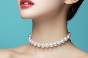Close-up of a woman’s neck wearing a pearl necklace on a light blue background. Classic and timeless elegance for jewelry and fashion concepts.