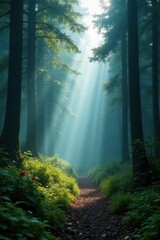 Obraz premium Misty Swiss forest, ancient trees, ethereal light, mist, roots, dawn