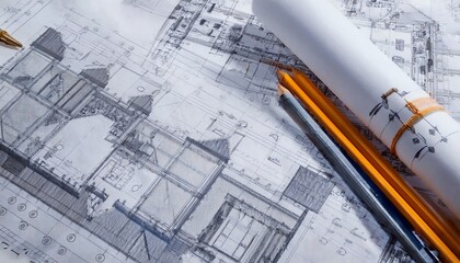 A detailed architectural blueprint with rolled plans and drafting tools, showcasing precise designs and measurements for construction.