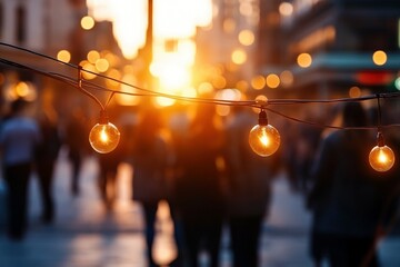 Bombillas colgantes iluminadas al atardecer con un fondo urbano desenfocado y bokeh cálido