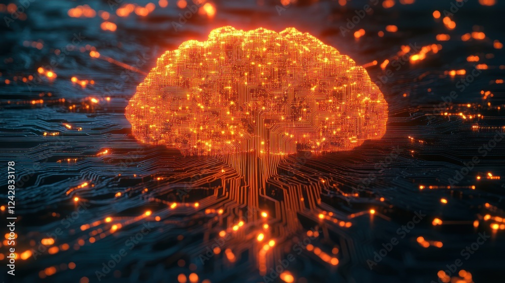 Poster digital brain circuitry illuminated in orange