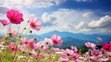 Bright cosmos flowers in full bloom in a garden, with a scenic view of mountains and summer sky
