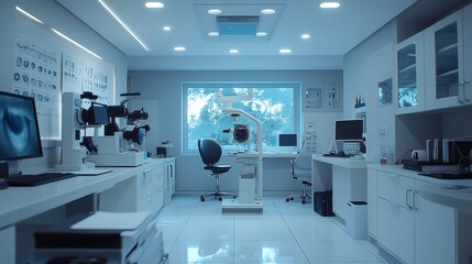 Modern ophthalmology clinic featuring an array of hightech eye examination instruments including slit lamps autorefractors and eye charts neatly arranged in a sterile environment