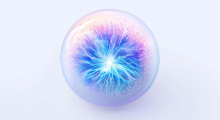abstract transparent Glass Sphere, glowing bubbles, Artificial intelligence, science molecular ball, eye pupil, future technology energy, advanced skincare cosmetic medical biology, 3d rendering
