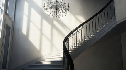 Obraz premium beautiful staircase with elegant chandelier overhead, bathed in soft light, creates stunning focal point in this spacious interior. intricate railing adds touch of sophistication