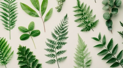 Green leaves and ferns arranged on a light background