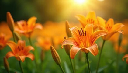 Fototapeta premium Orange lily flowers dance in the warm sunlight of a summer garden, blooming, flower fields, wildflowers