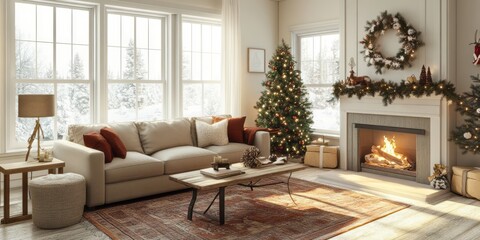 Fototapeta premium Cozy Christmas Living Room Decorated For The Holidays