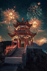 Fototapeta premium A chinese temple with fireworks in the night sky