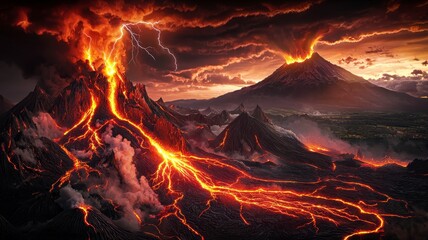 Volcanic eruption tectonic concept. A dramatic volcanic landscape with lava flows, erupting peaks, and a fiery sky, showcasing nature's raw power and beauty.