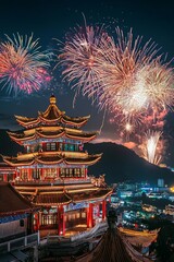 Fototapeta premium A chinese temple with fireworks in the night sky